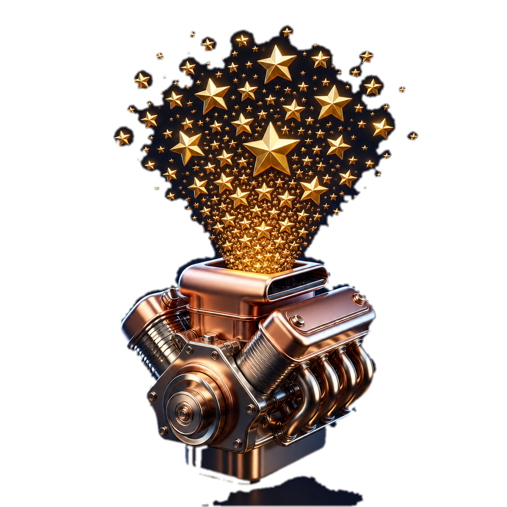 Credentials AI Review Engine mark — gold stars over a chrome engine